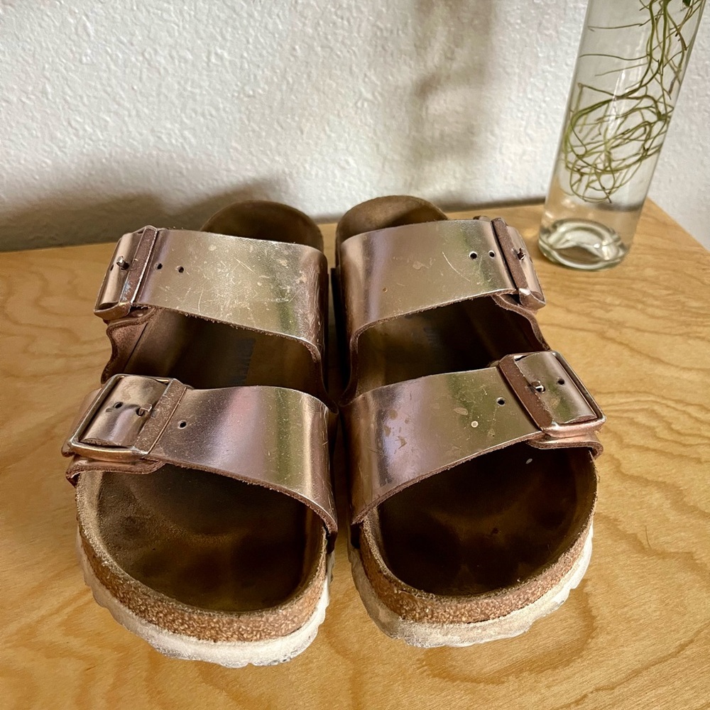 Birkenstock Metallic Rose Gold Two-Strap Sandals